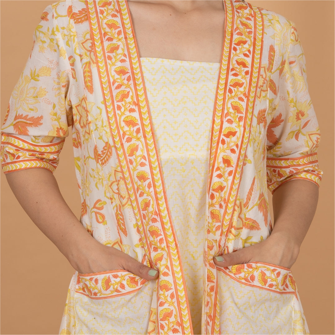 Bohemian Orange-White Cotton Shrug Style A-line Maxi Dress