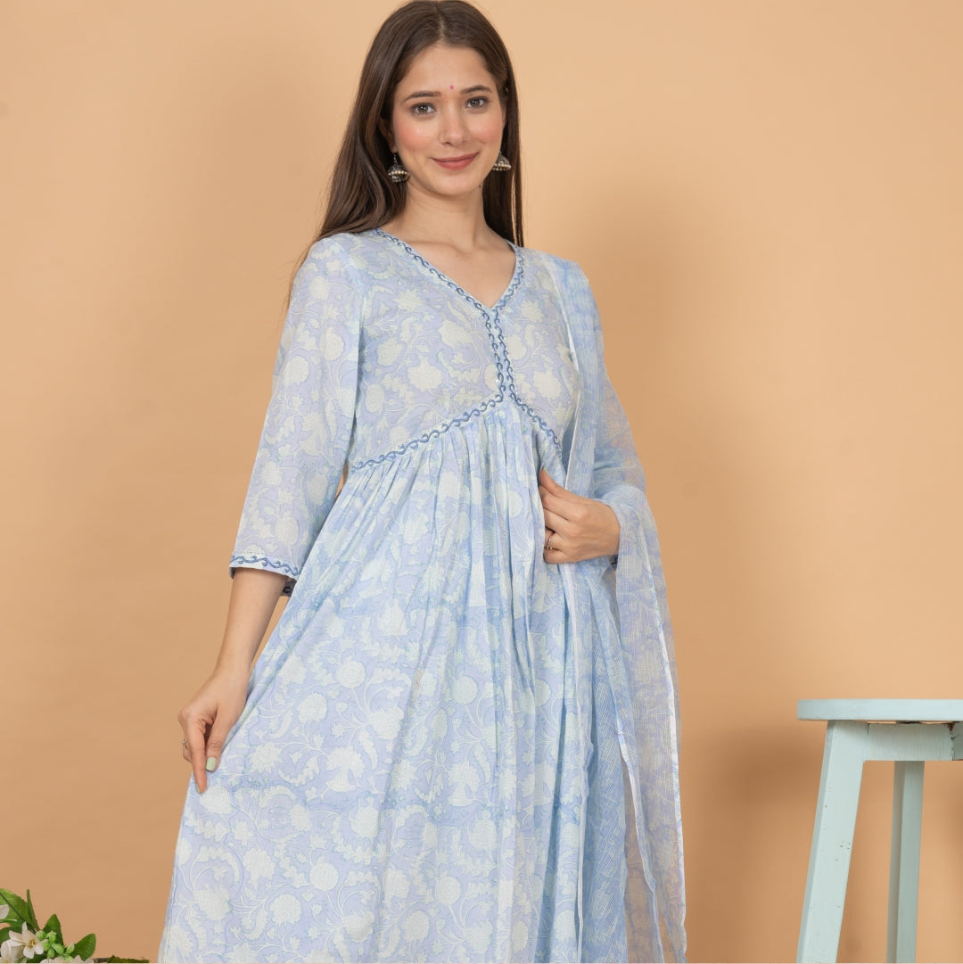 Baby Blue Cotton Printed A-line Suit Set With Embroidery