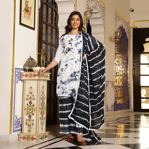 Black and White Tie-Dye Set: Crop Top, Pants and Voile Dupatta