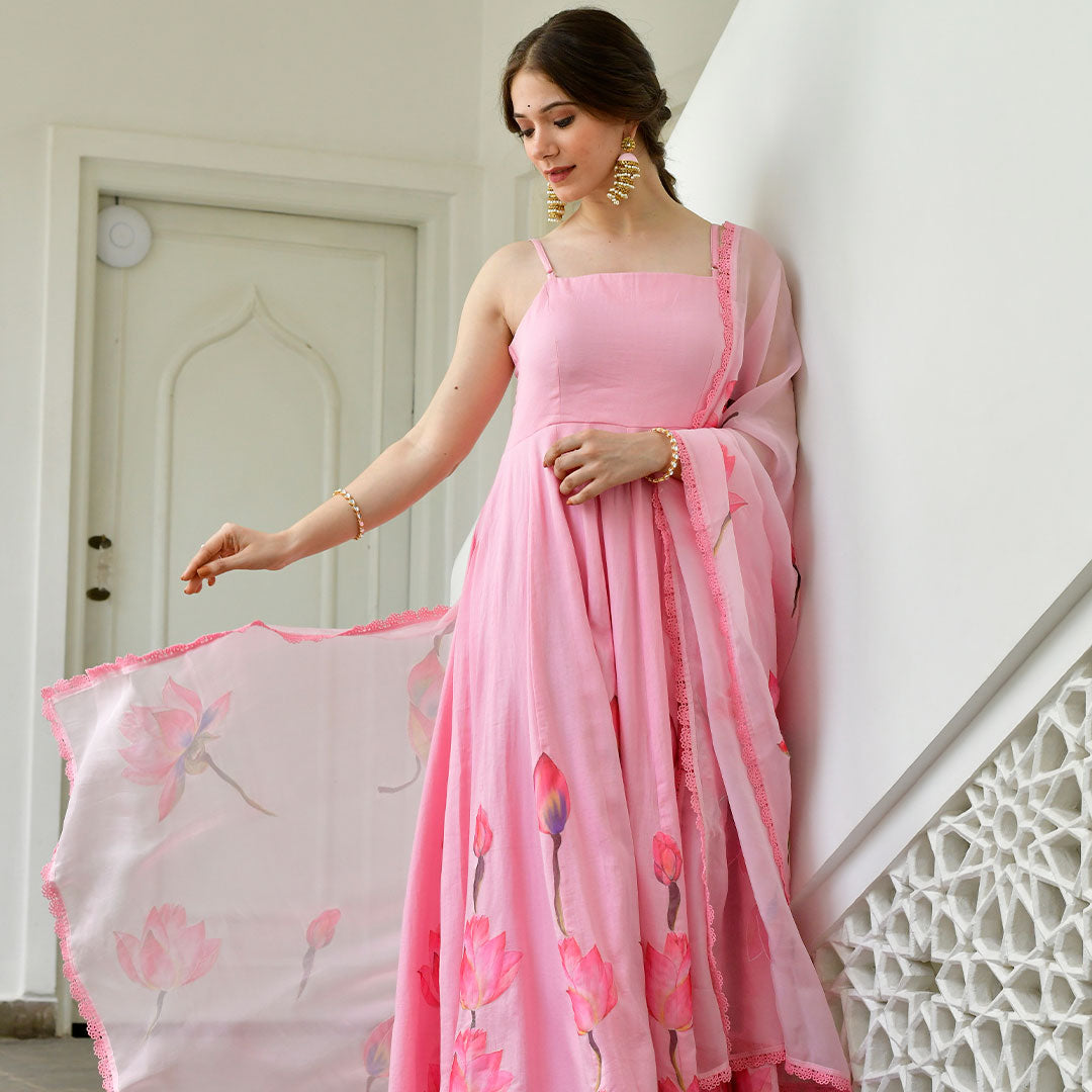 Baby Pink Satin A-line Lotus Dress With Dupatta- Lirose Fashion – lirose