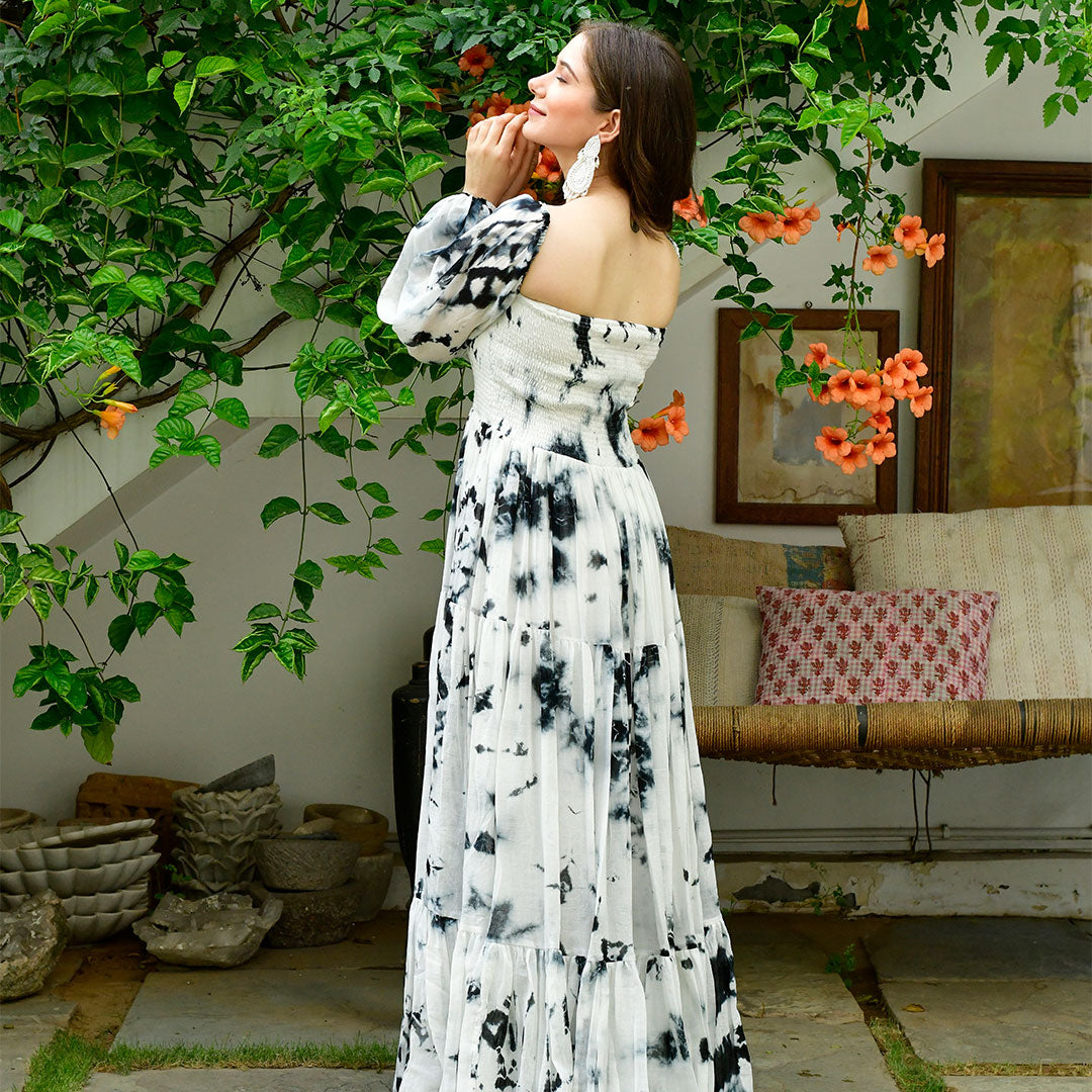 Black And White Off-Shoulder Marble Maxi Dress