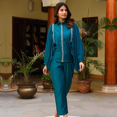 Teal Blue Chanderi Co-ord Set With Handwork