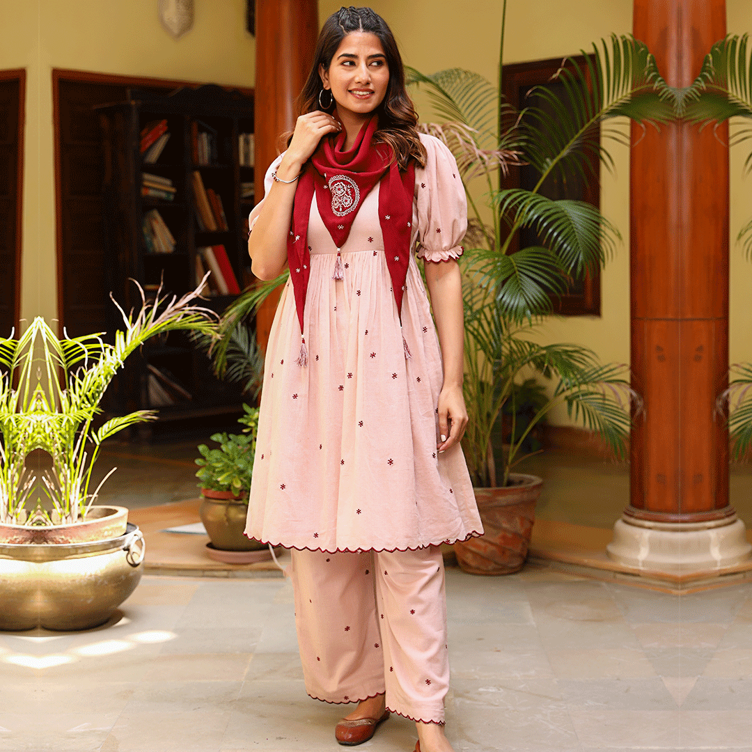 Pink Embroidered Handwoven Peplum Kurta and Pants Set with Puff Sleeves