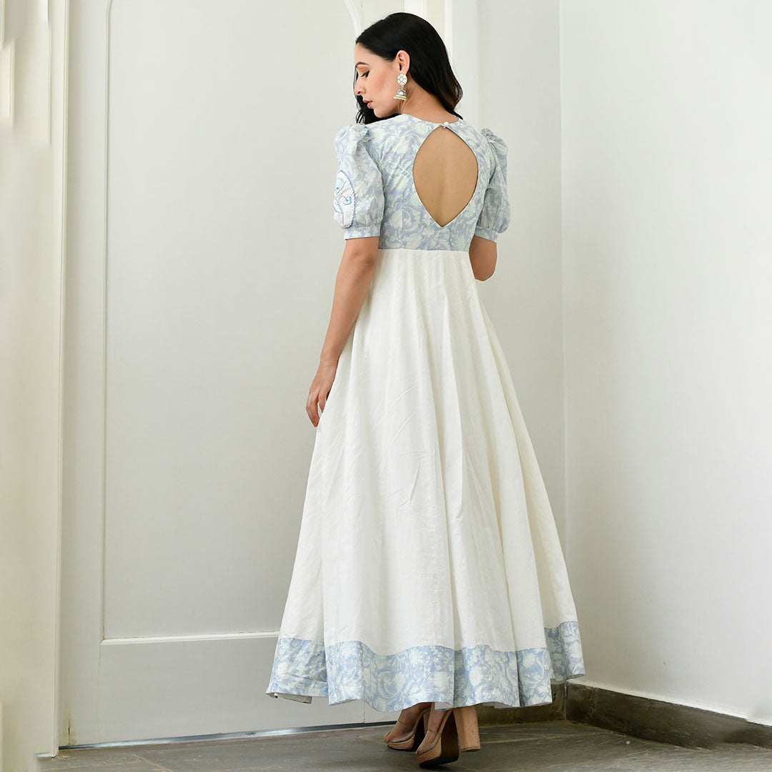 Gadd Print Blue And White Full Maxi Dress with Organza Dupatta