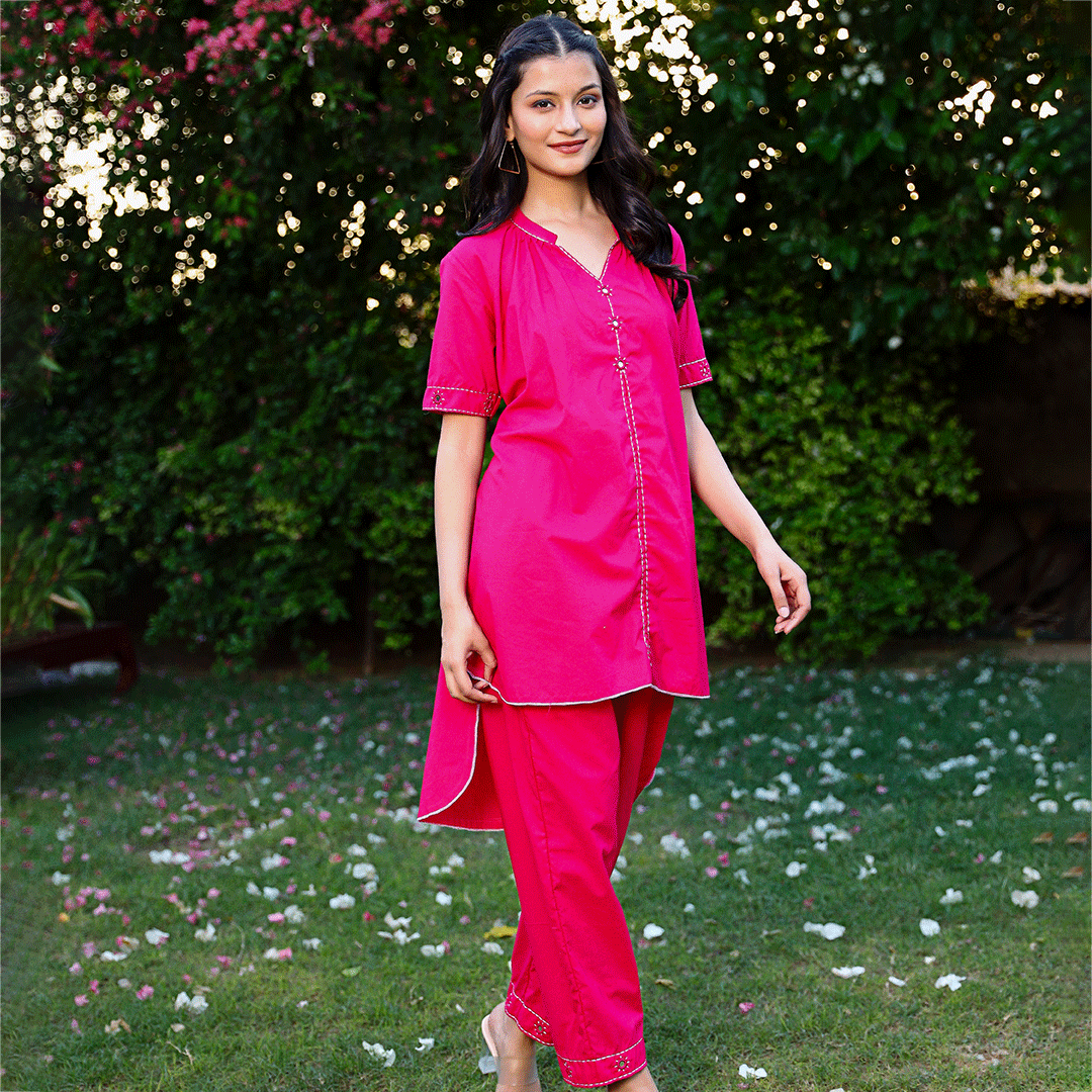 Vibrant Pink Cotton Co-ord Set with Embroidery