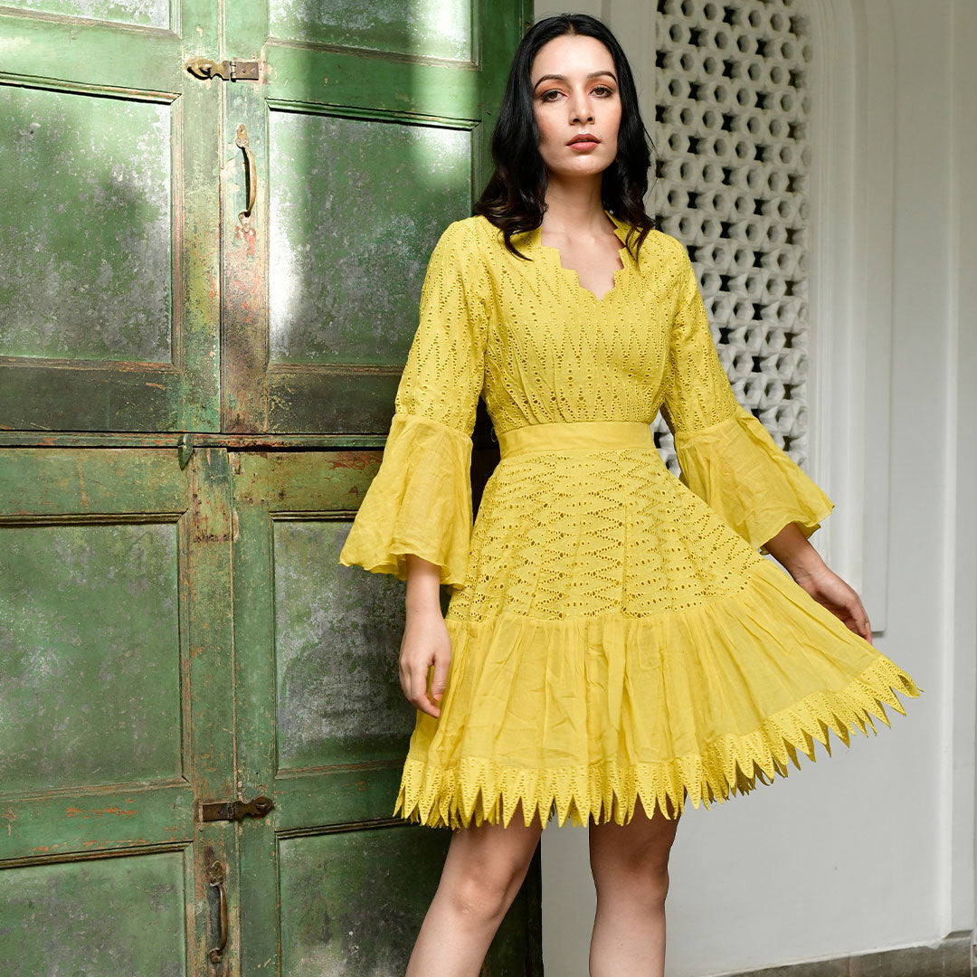 Sunshine Yellow Schiffli And Pure Voile Dress
