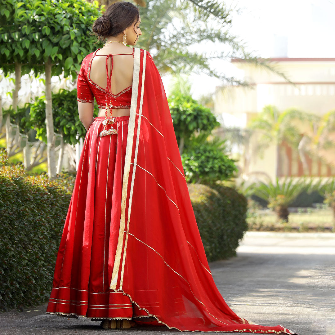 Stunning Red Flared Lehenga with Designer Blouse and Silk Organza Dupatta