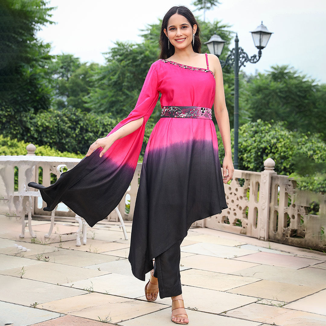 Pink And Black Color Cotton Base Round-Cut Sleeves Partywear Kurti