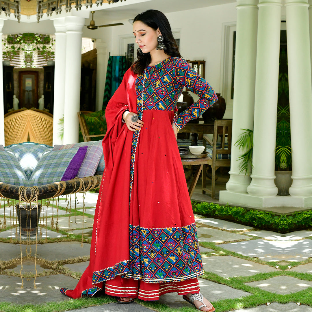 Patola Print Cotton Anarkali Suit Set With Cotton Dupatta