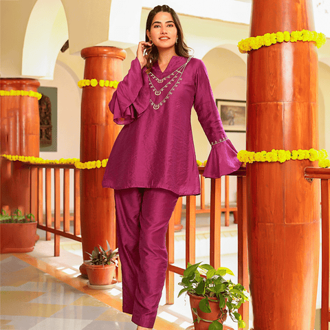 Rich Magenta Chanderi Co-ord set with Bell Sleeves