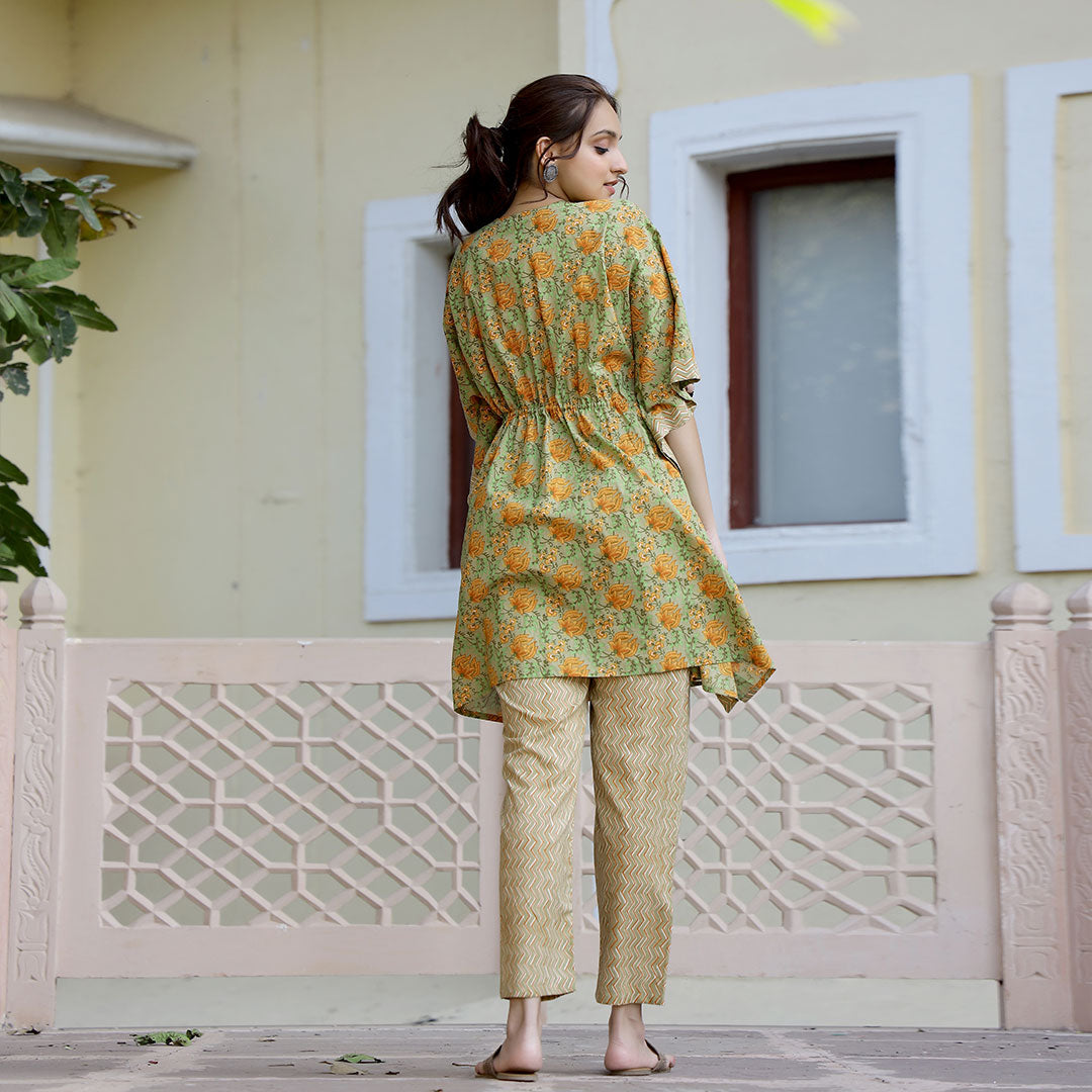Awe-Inspiring Yellow- Green Floral Print Kaftan and Matching Pants