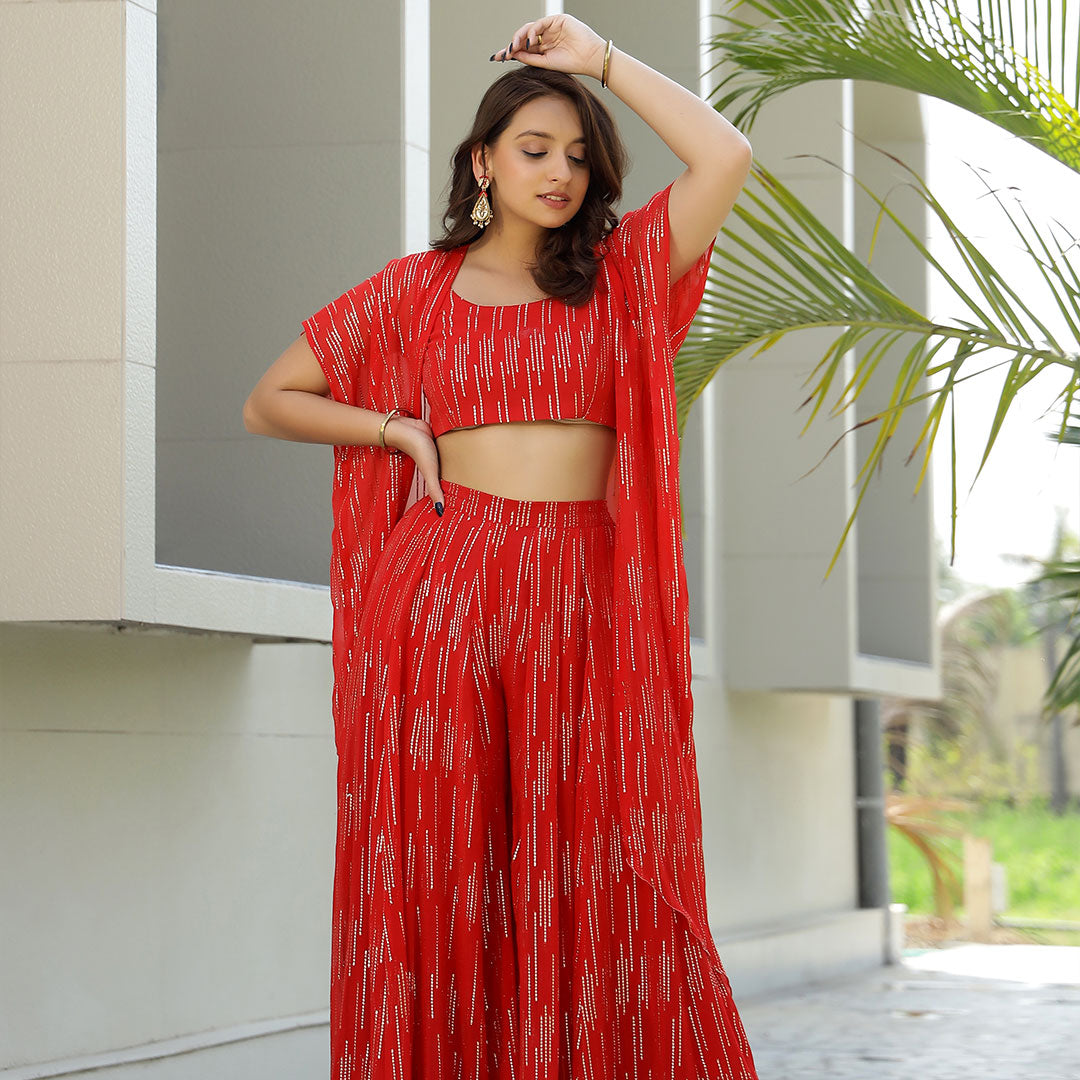 Red Luxury Jacquard Georgette 3 Piece Co-ord Set