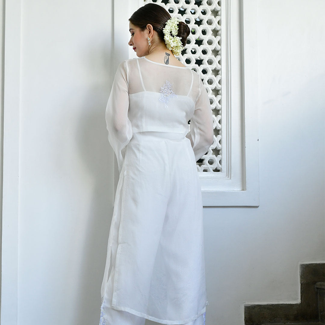 White Embroidery Organza Kurta And Muslin Silk Tube - Pant With Organza Dupatta