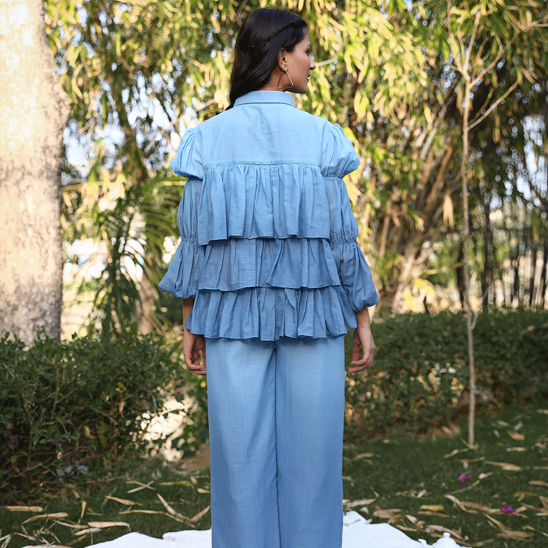 Blue Voile 2 Piece Ruffle Style Ombre Co-ord Set