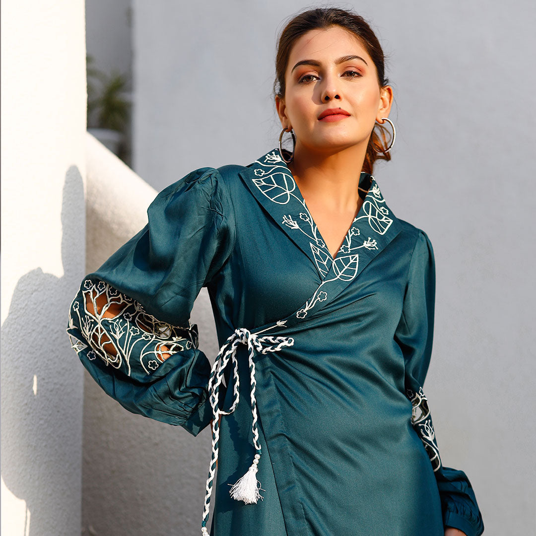 Teal Blue Silk Angrakha Kurta Set with Embroidered Pants and Cuff Sleeves