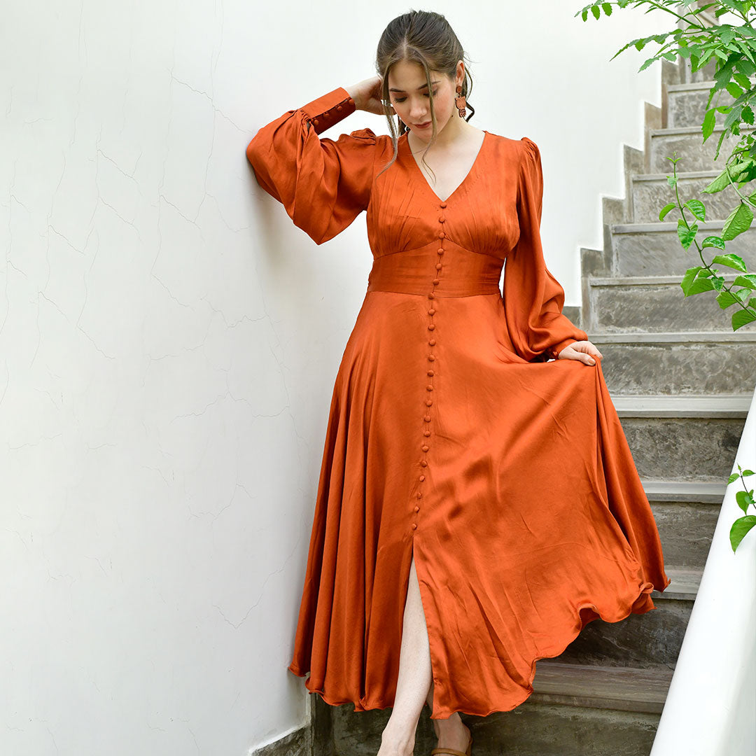 Orange Satin Maxi Dress with Dyed Trims