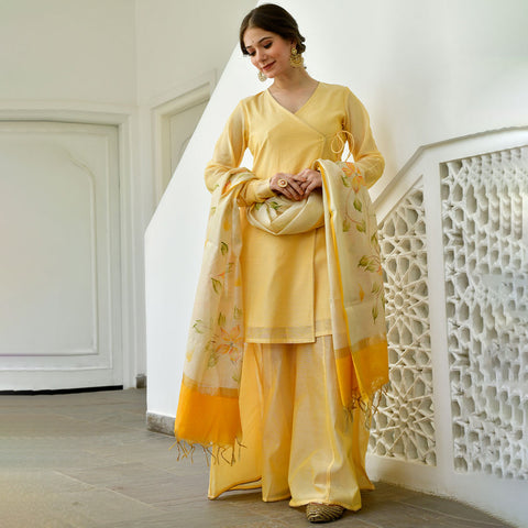 Light Yellow Short Angrakha Kurta with Palazzo and Floral Print Dupatta
