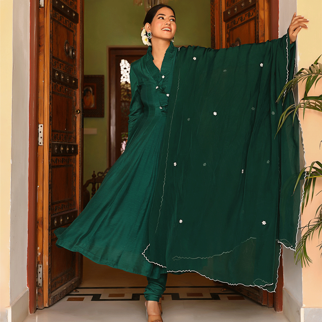 Dark Green Muslin Silk Anarkali Suit Set with Organza Dupatta