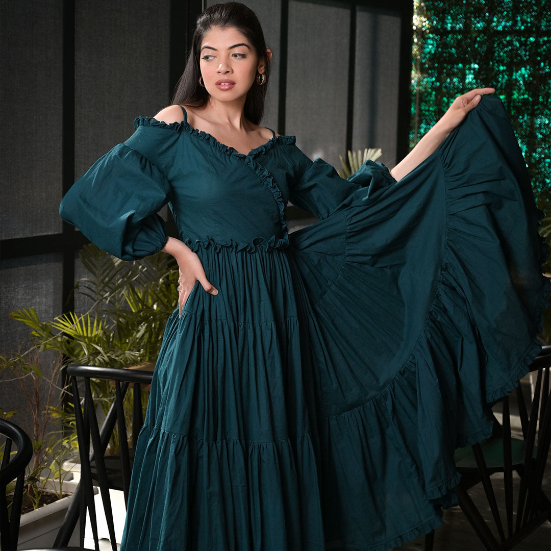 Stunning Dark Green Off-Shoulder Ruffled Maxi Dress