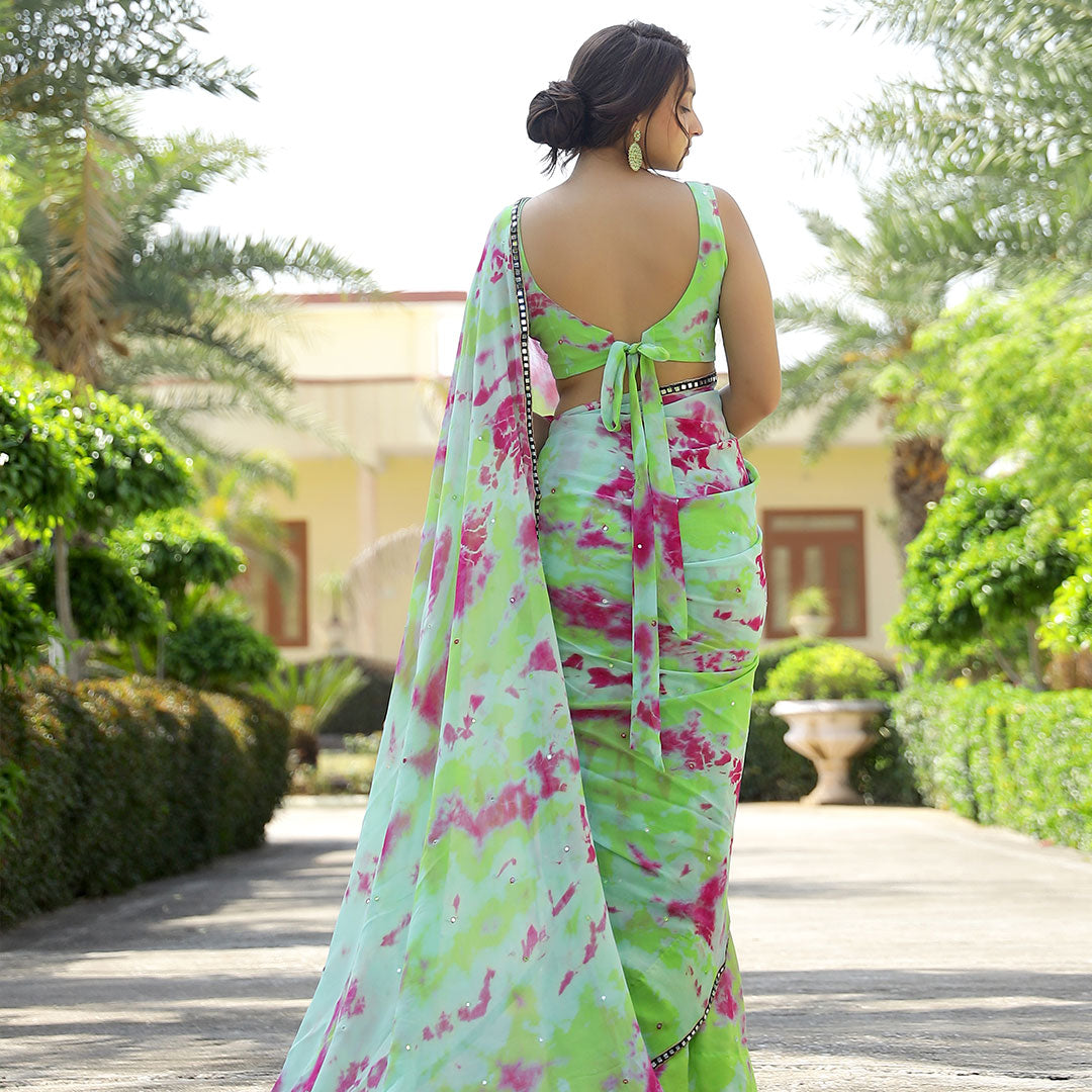 Captivating Green and Pink Tie and Dye Saree with Mirror Work