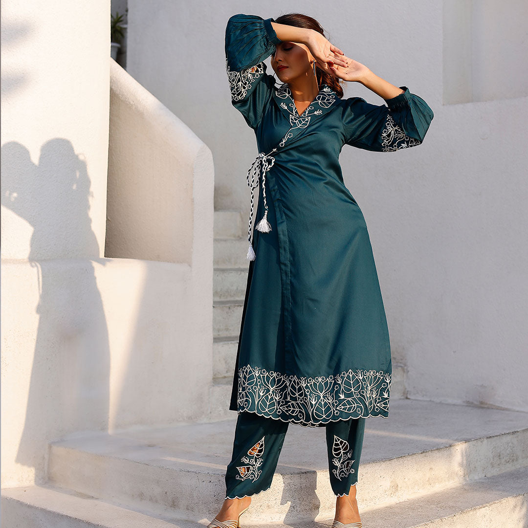 Teal Blue Silk Angrakha Kurta Set with Embroidered Pants and Cuff Sleeves