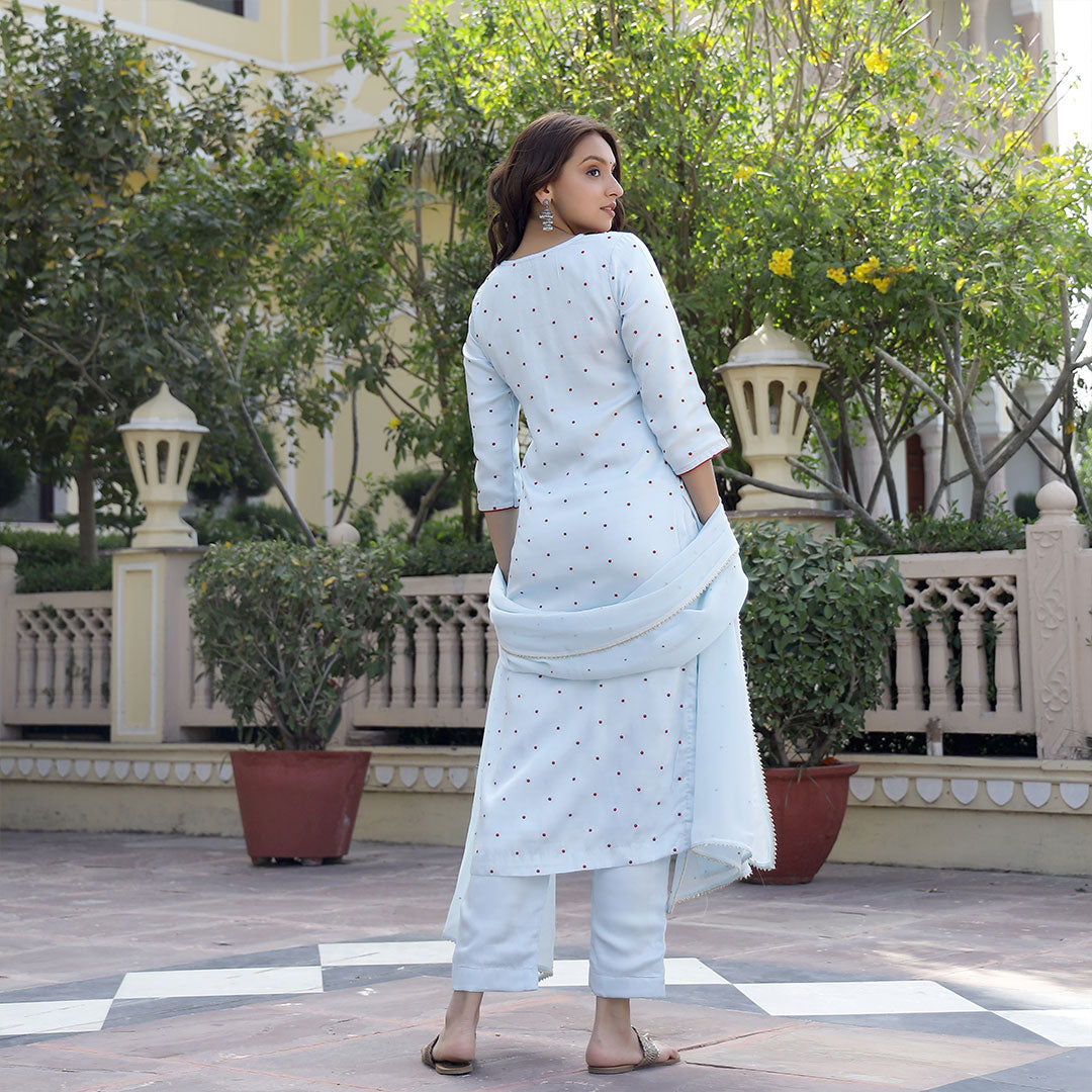 Straight Embroidered Kurta with Modal Satin Pants and Georgette Dupatta