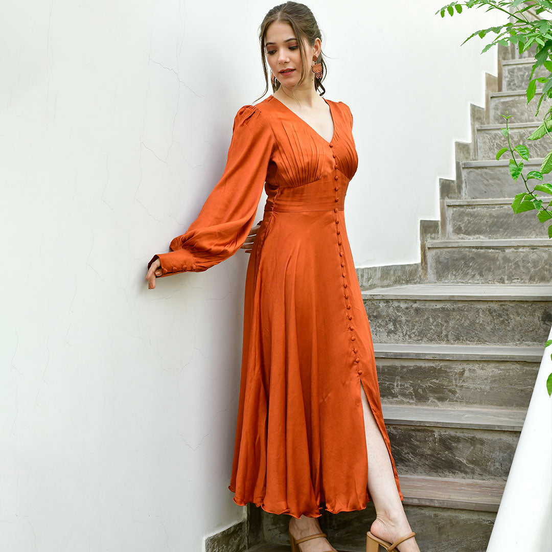 Orange Satin Maxi Dress with Dyed Trims