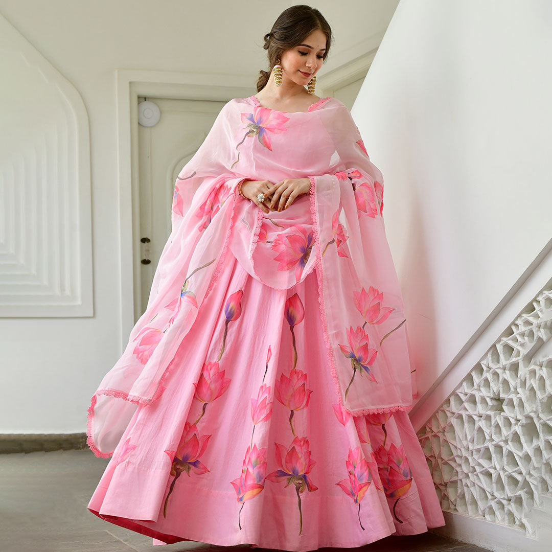Baby Pink Satin A-line Lotus Dress With Dupatta