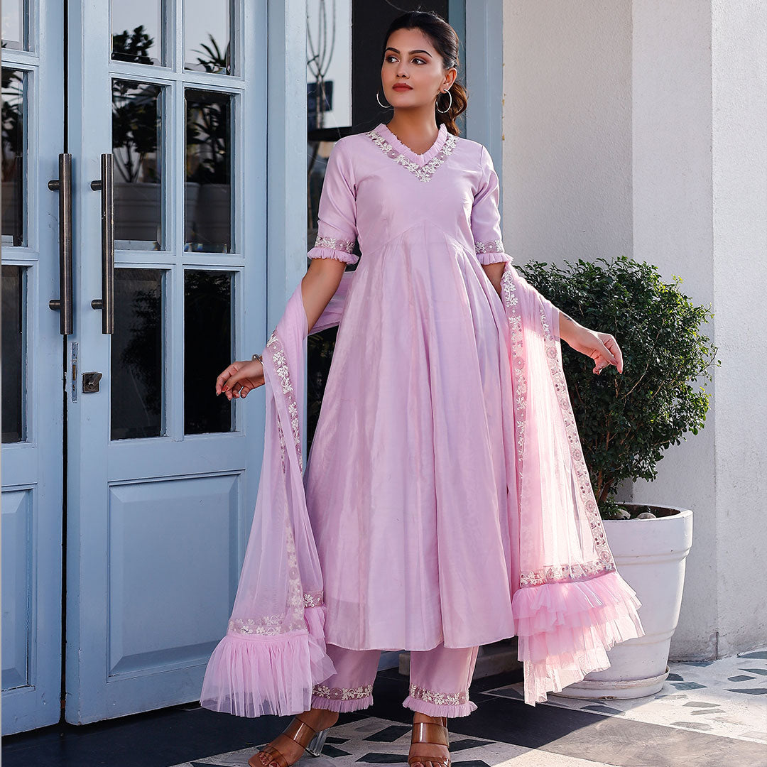 Lavender Chanderi Embroidered A-line Suit Set with Scalloped Dupatta