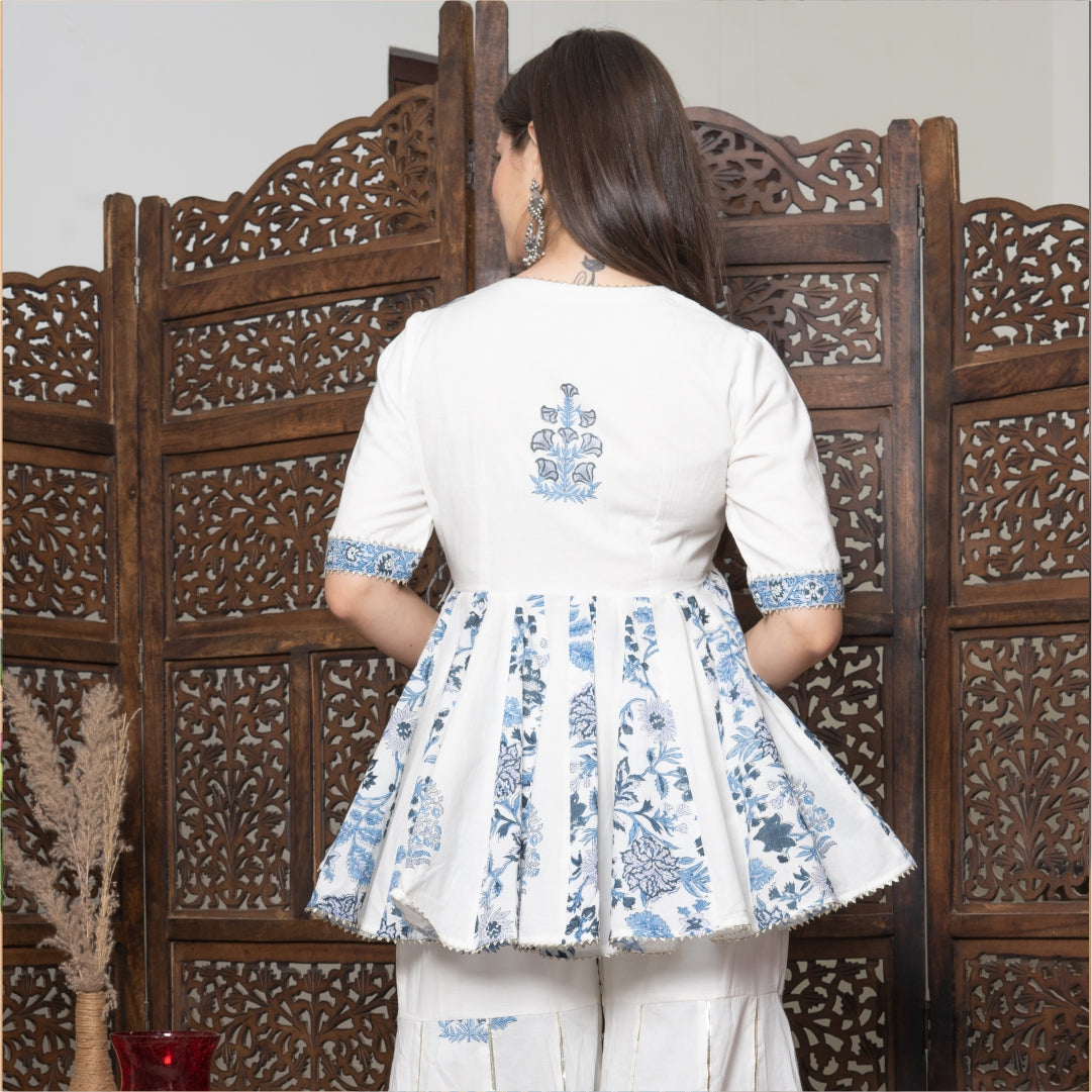 Elegant Angrakha Style Short Kurti With Sharara & Kota Doria Dupatta