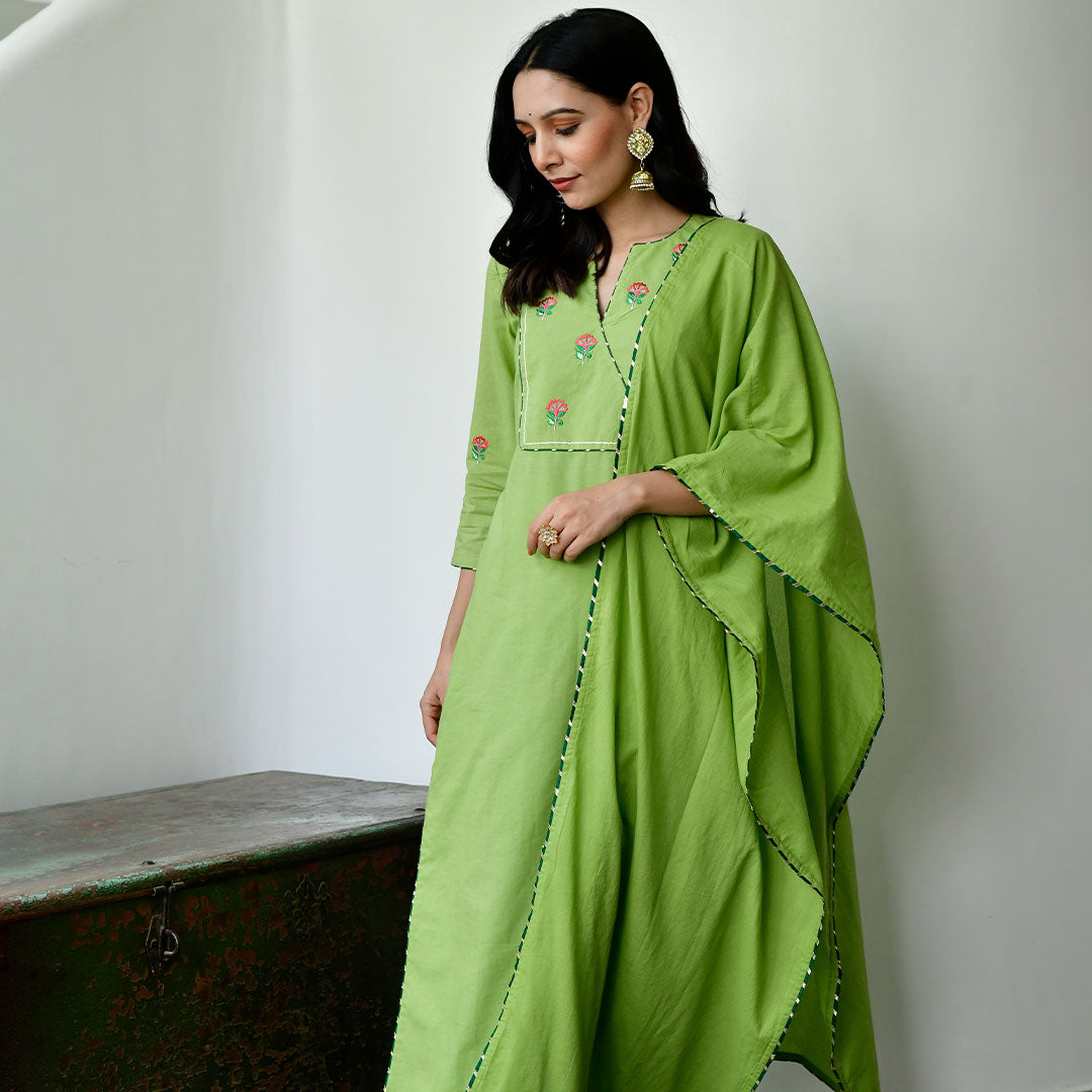 Parrot Green Cotton Embroidery Straight Kurta and Pants with Dupatta