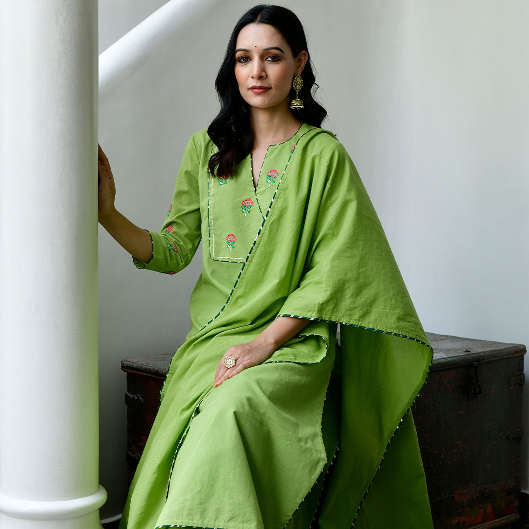 Parrot Green Cotton Embroidery Straight Kurta and Pants with Dupatta