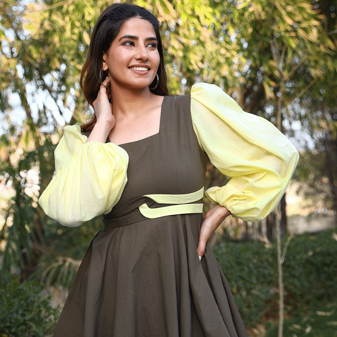 Army Green and Yellow Frock Style Cotton Co-ord Set