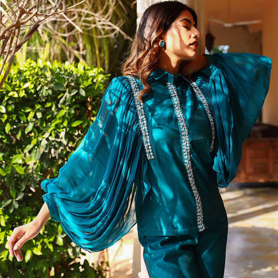 Teal Blue Chanderi Co-ord Set With Handwork