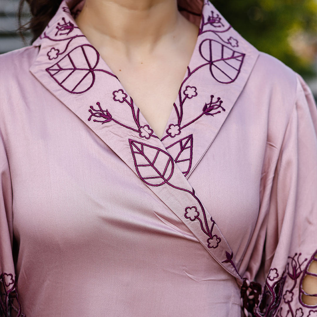 Lilac Silk Angrakha Kurta Set with Embroidered Pants