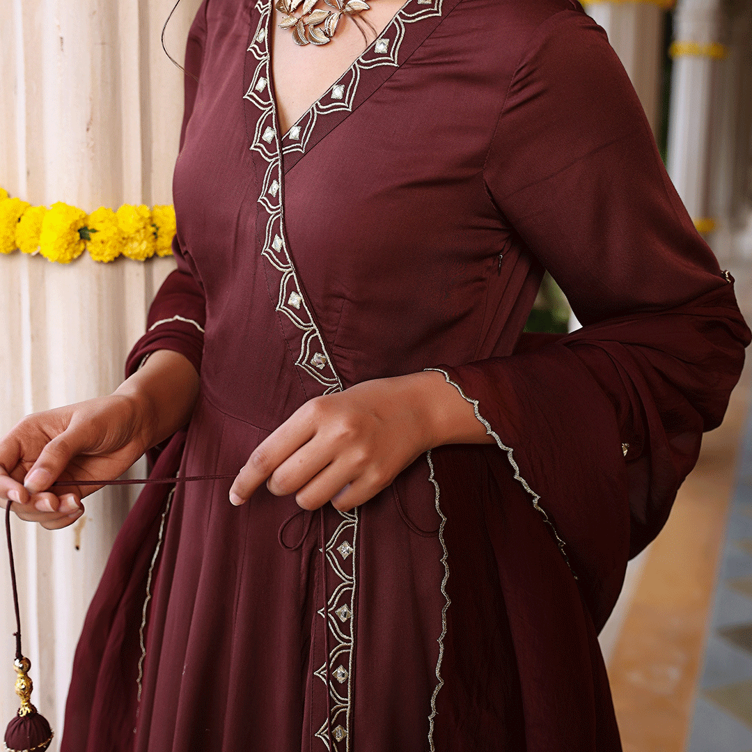 Chocolate Brown Angrakha Anarkali Suit Set with Organza Dupatta