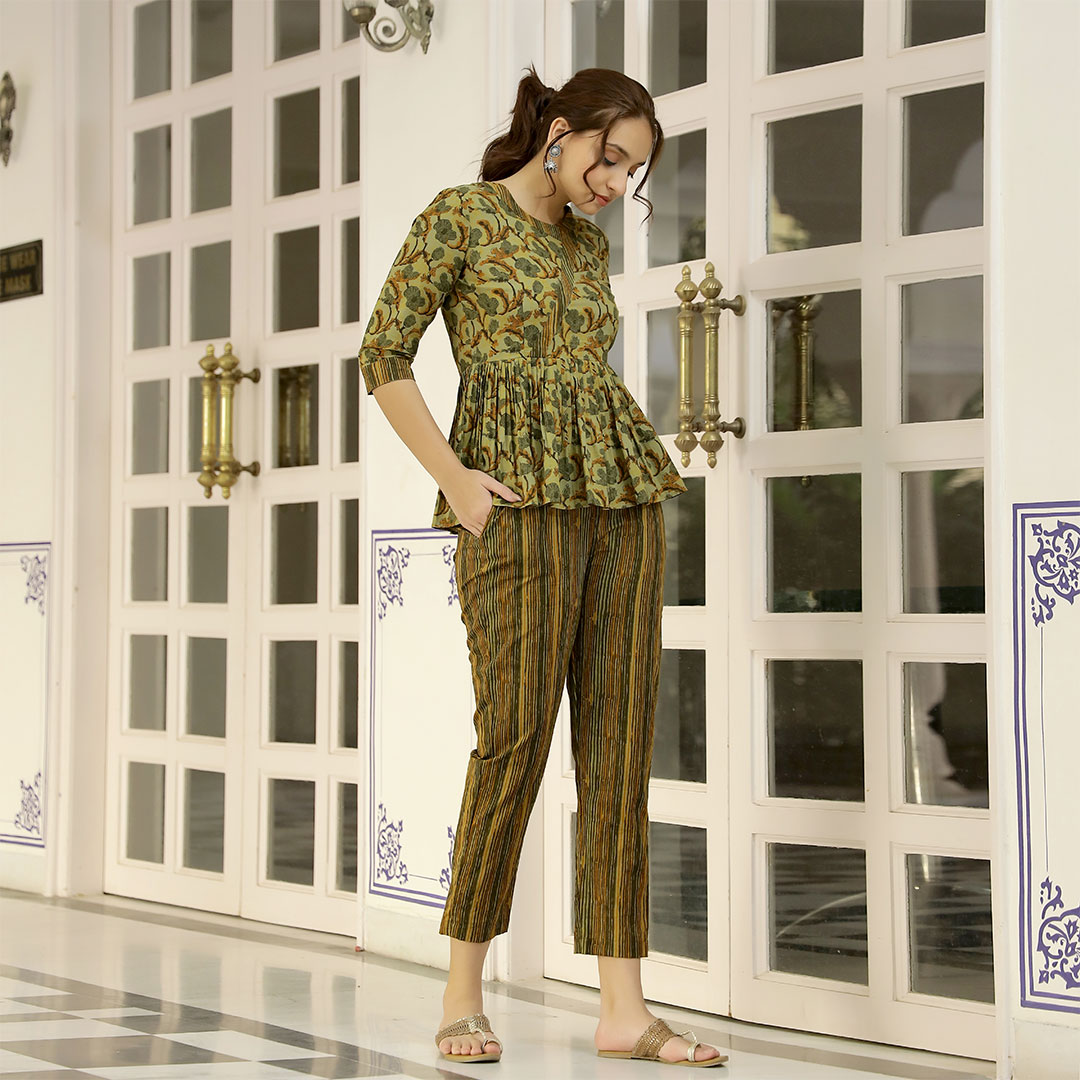Olive Peplum Printed Top With Matching Pants