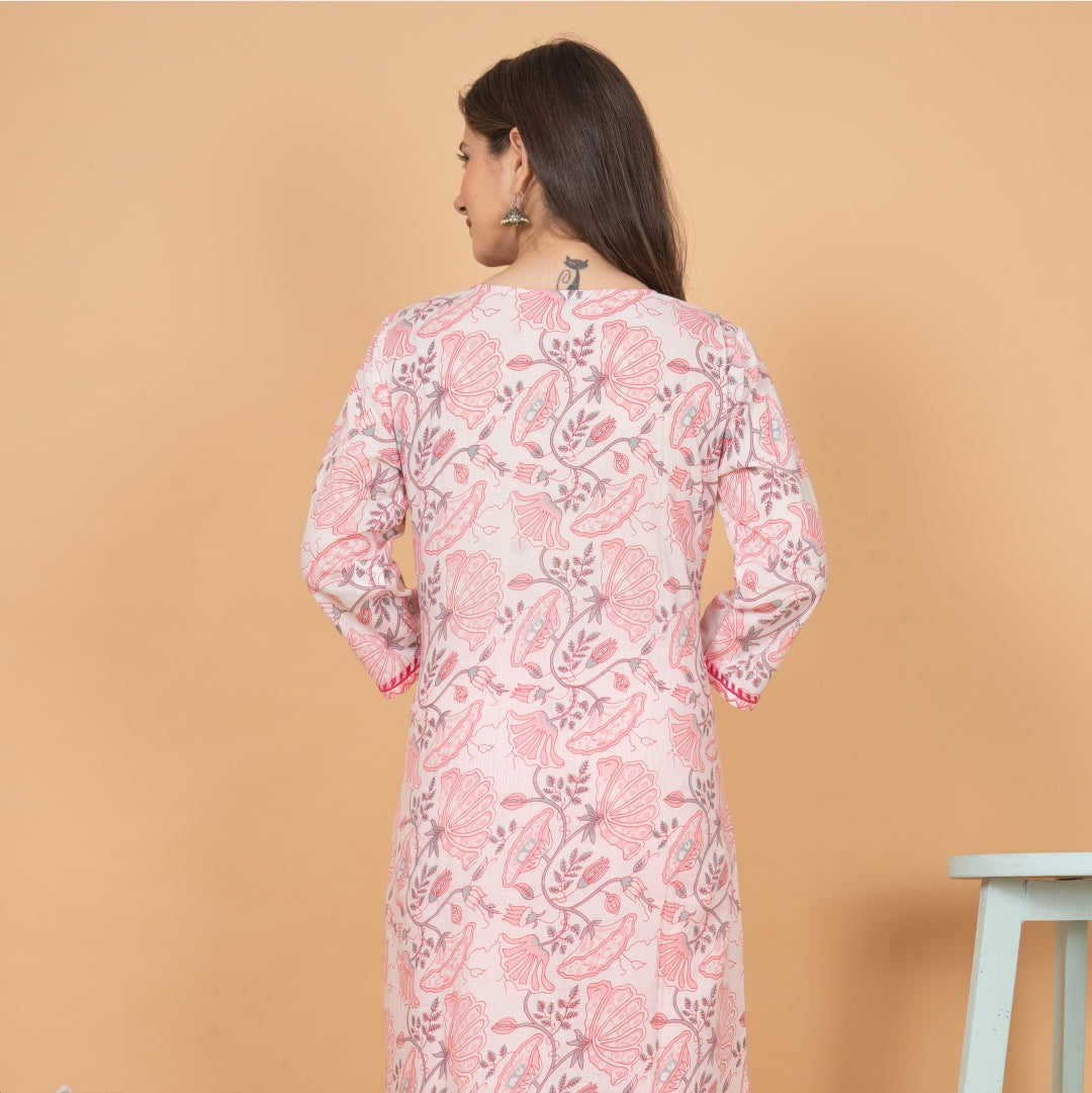 Pink and White Floral Print Straight Kurta with Pants and Dupatta