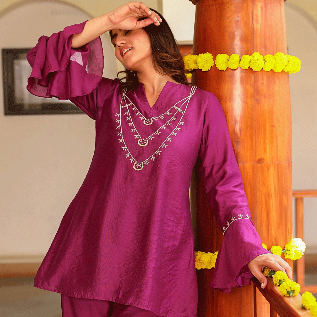 Rich Magenta Chanderi Co-ord set with Bell Sleeves