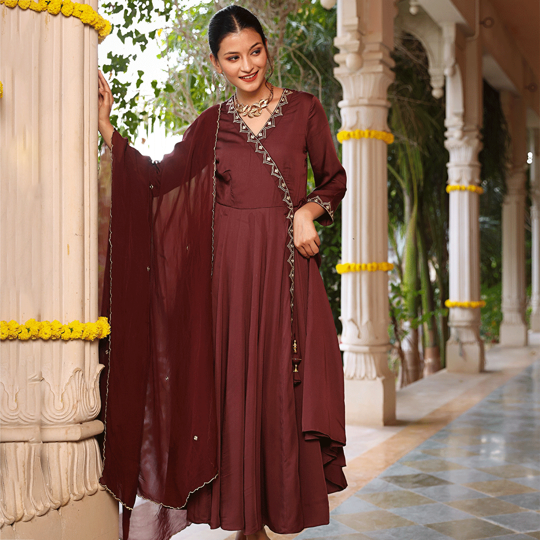 Chocolate Brown Angrakha Anarkali Suit Set with Organza Dupatta