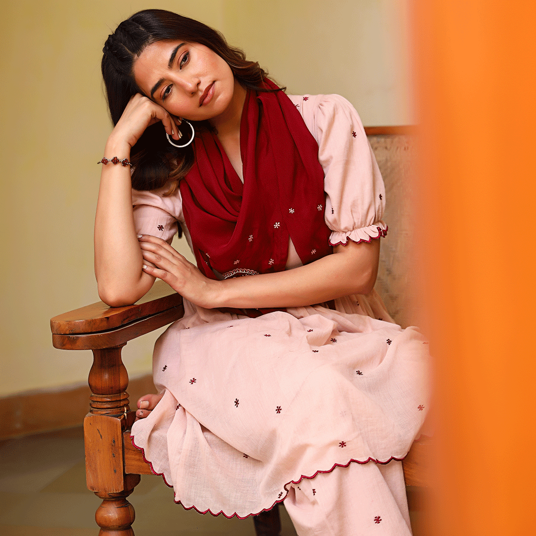 Pink Embroidered Handwoven Peplum Kurta and Pants Set with Puff Sleeves