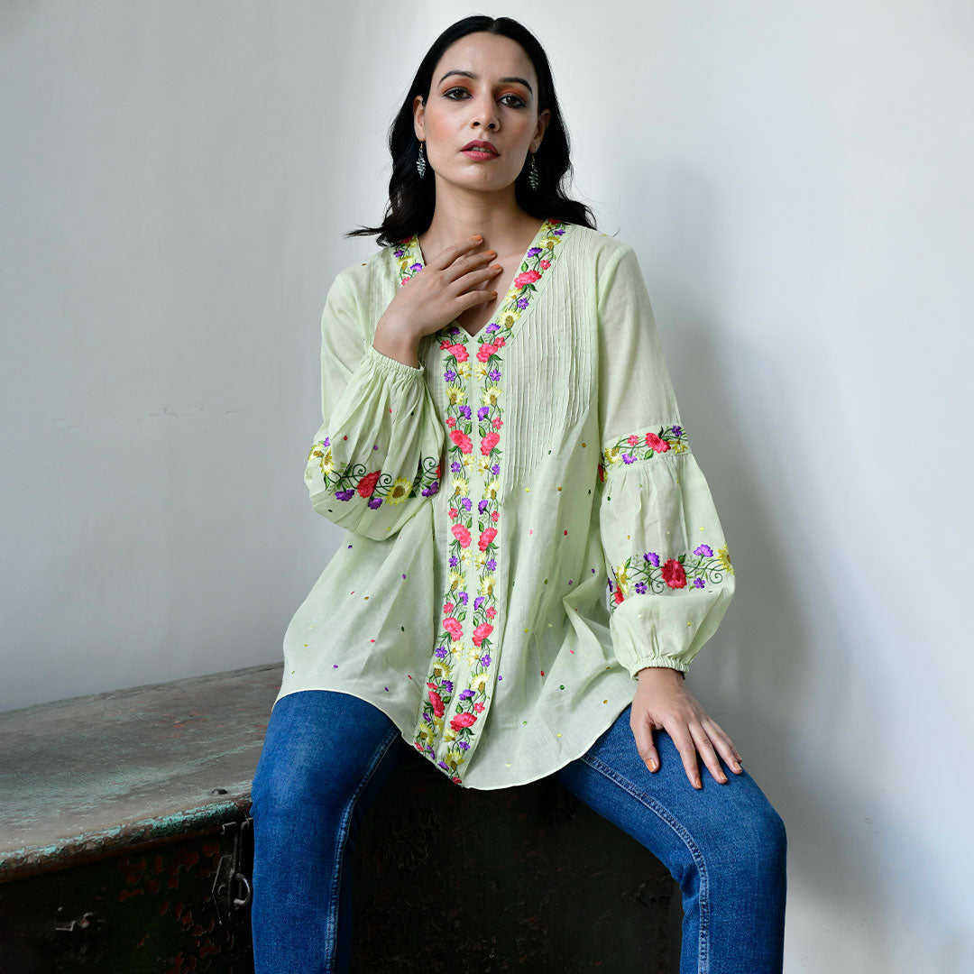 Pastel Green Pure Voile Embroidery Top