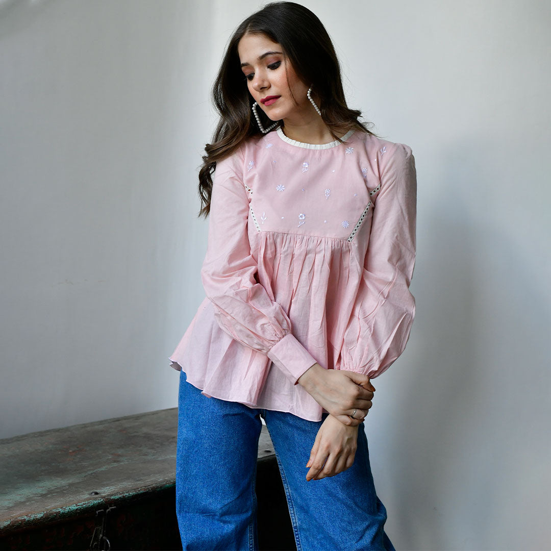 Pink Peplum Top with Machine Embroidery