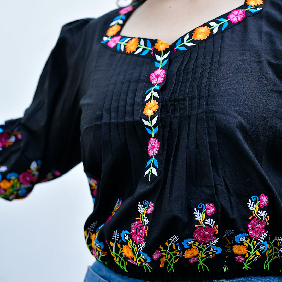 Black Cotton Top With Machine Embroidery