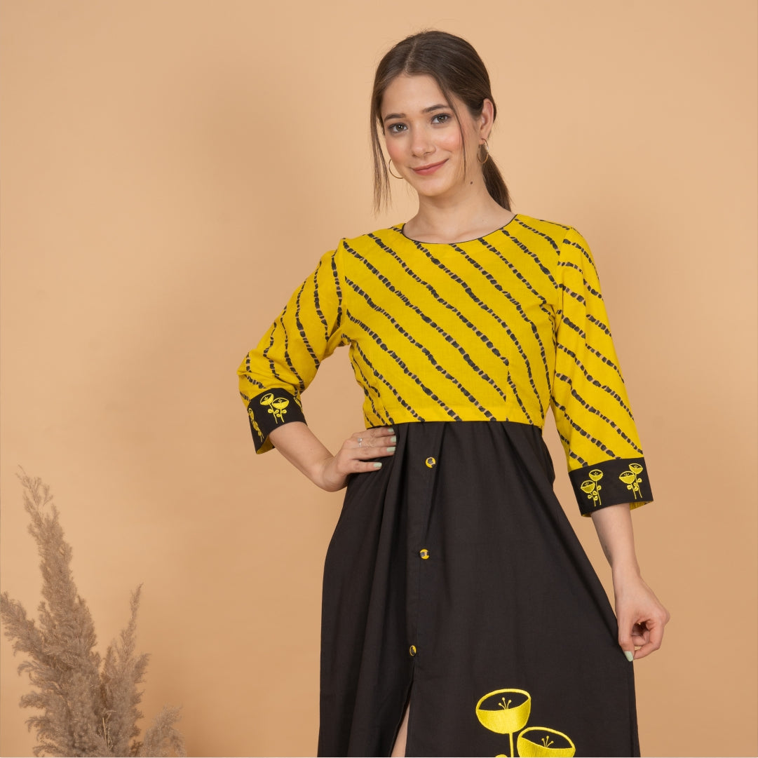 Yellow-Black  Embroidered Chic Midi Dress