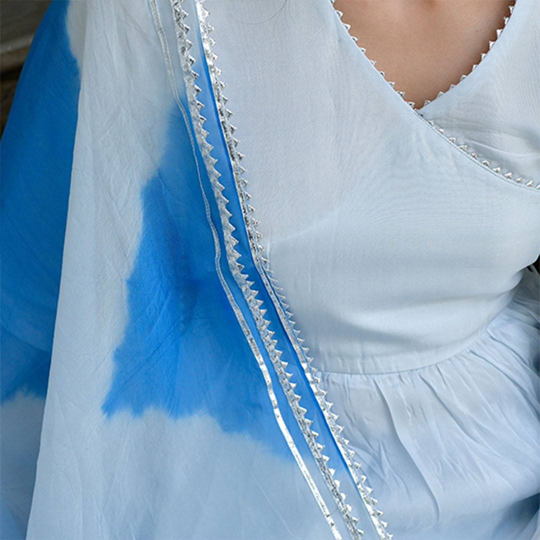 Sky Blue Upada Angrakha Suit Set With Tye - Dye Organza Dupatta