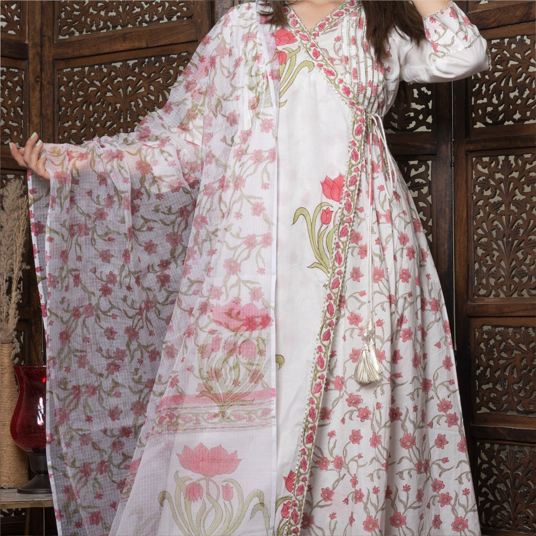 Pink and White Cotton Overlap Suit Set With Kota Doriya Dupatta