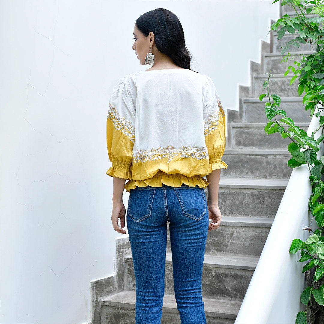 White And Yellow Heavy Embroidery Top