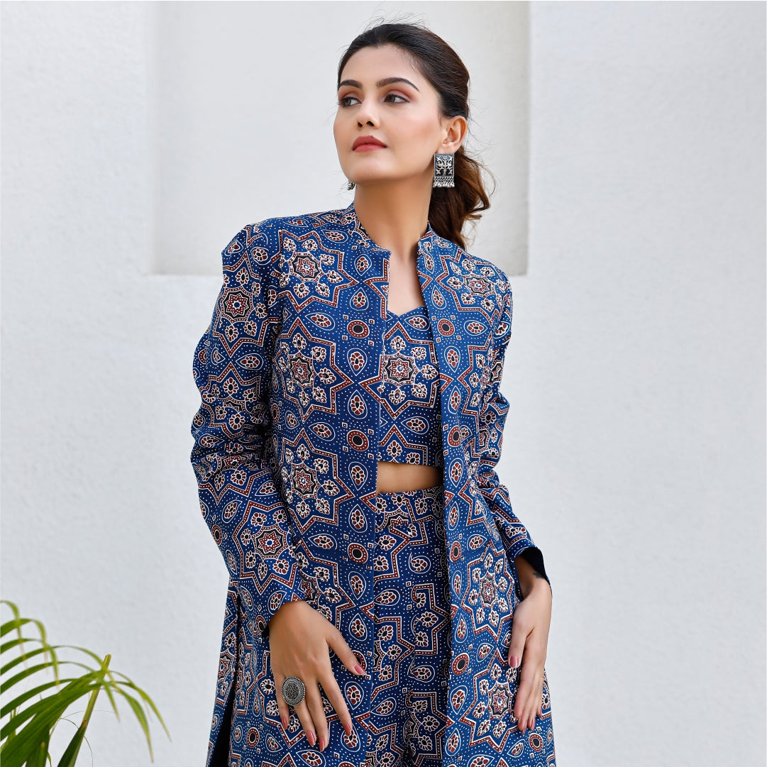 Royal Print 3-piece Top with Jacket and Pant Co-ord Set