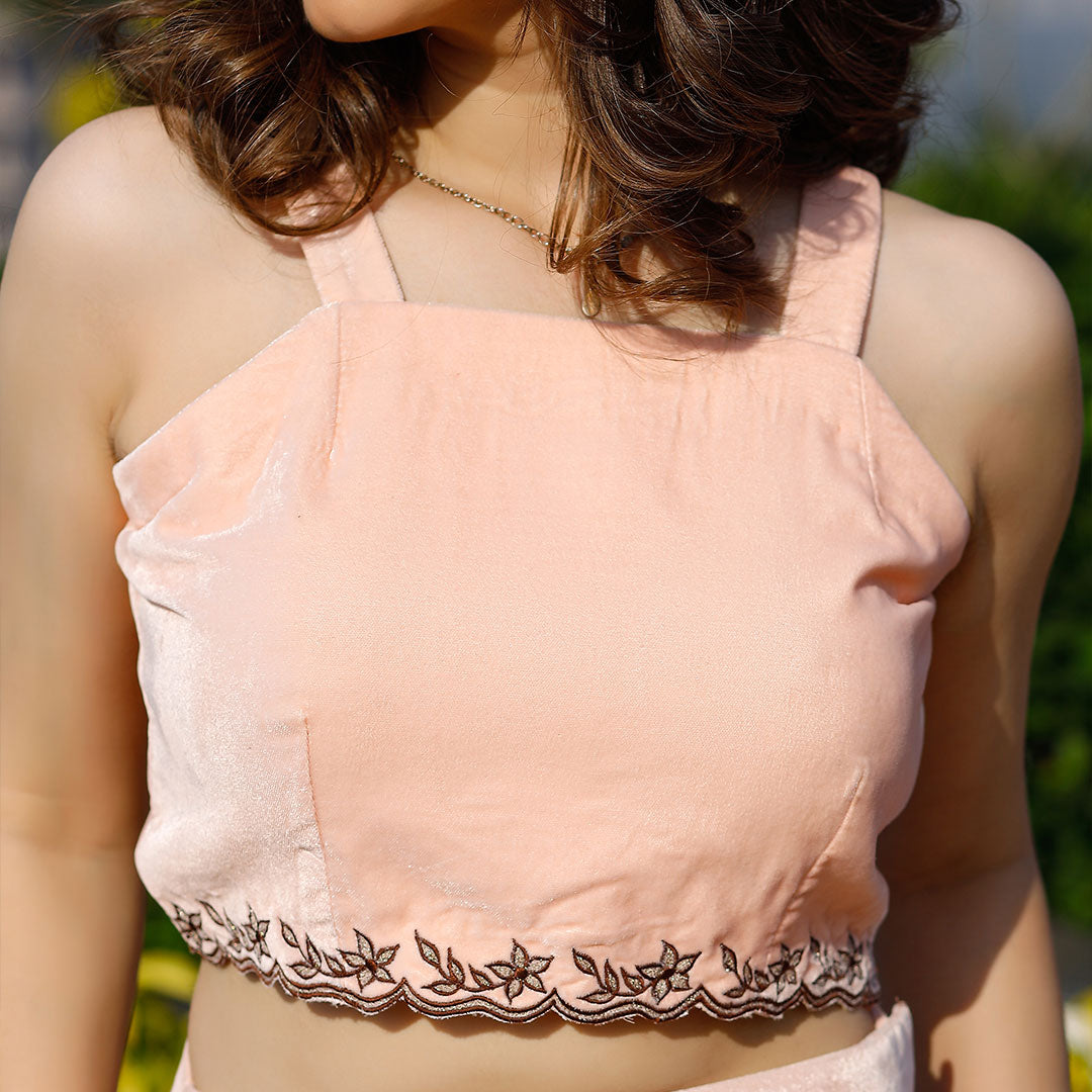 Peach Velvet Embroidered Crop Top and Skirt Set